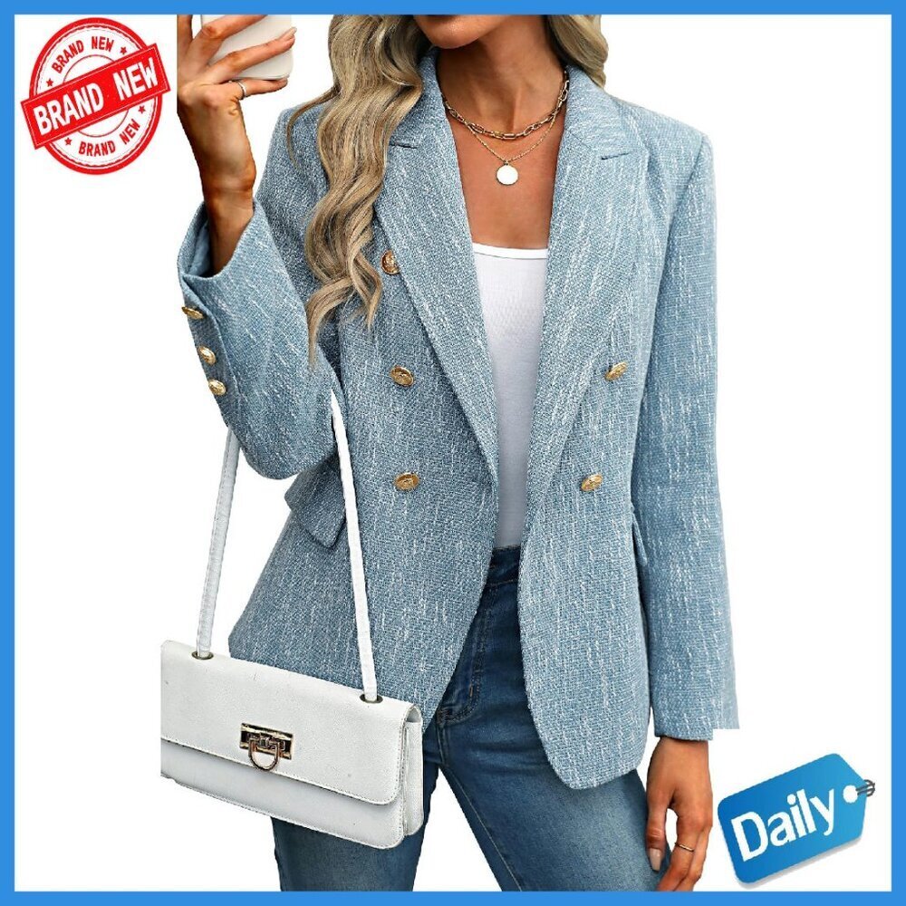 Tweed Blazer Double Breasted Business Casual Jacket Open Front